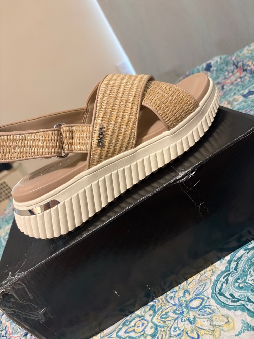 DKNY Tan Woven Platform Slingback Sandal